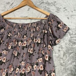 Boho Floral Off The Shoulder Top Soft & Sexy Smocked Blouse Purple Mauve S